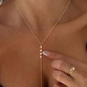 Gold Rhinestone Lariat Chain Necklace